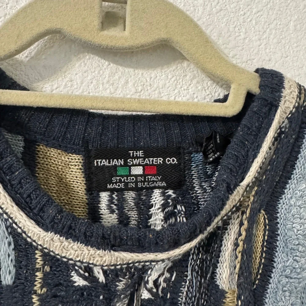 The Italian Sweater Co Mens 3D Textured Knit Sweater L‎ Blue Coogi Style 90s - Picture 2 of 6
